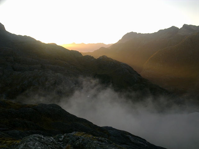 22 Sunrise looking over Harris Lake from Conical Hill, Routeburn Track.jpg